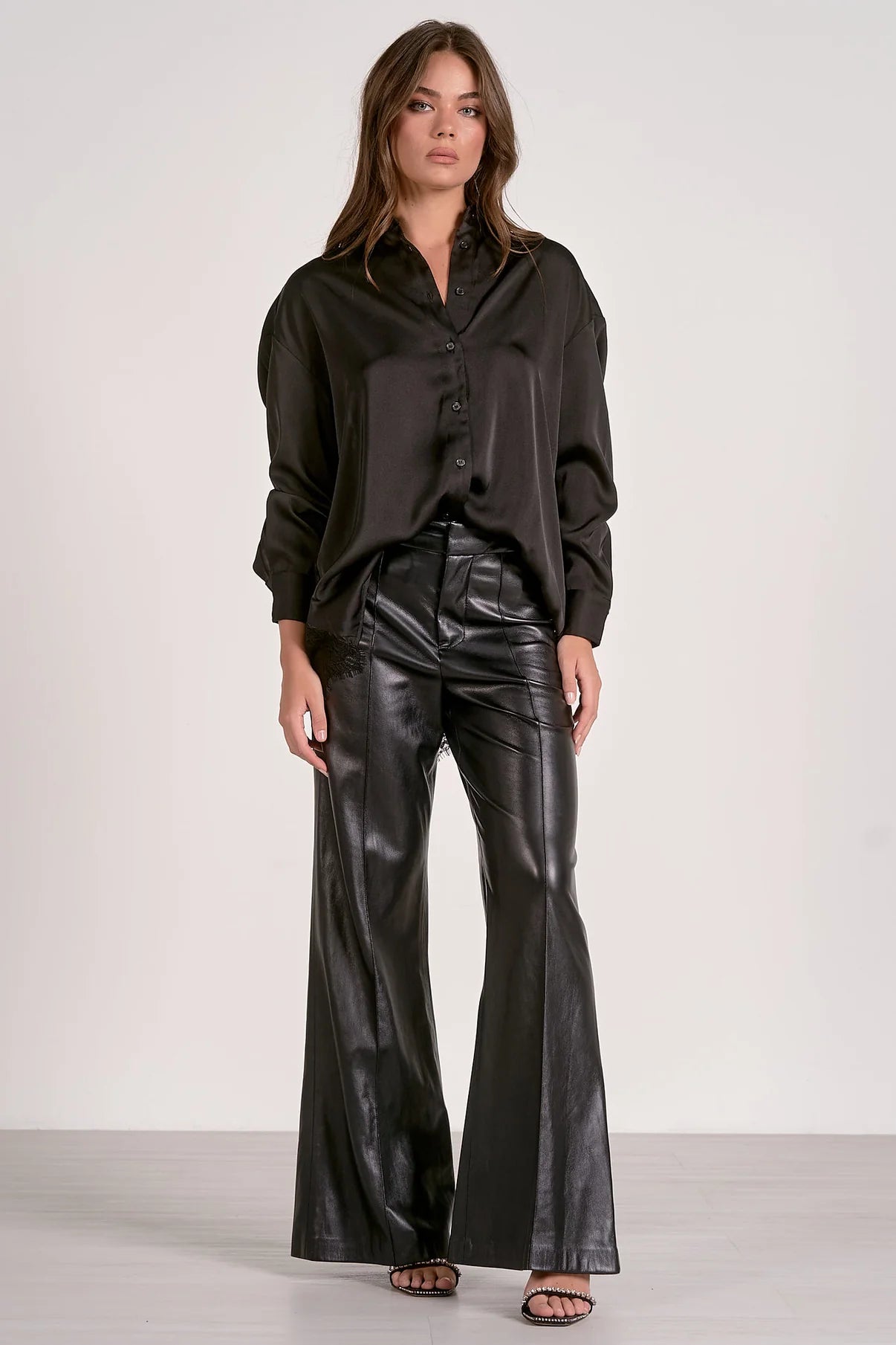 Delfina Lace Back Satin Button Down