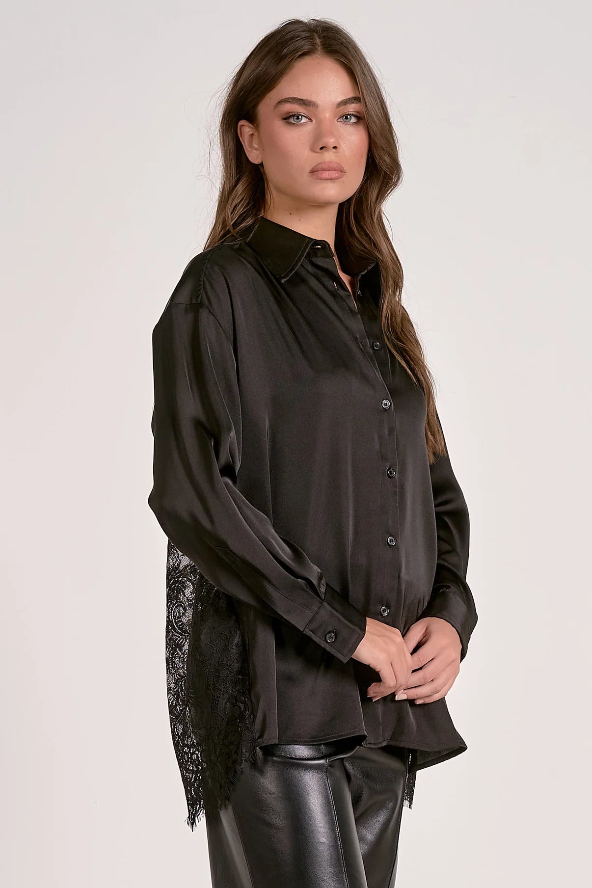 Delfina Lace Back Satin Button Down