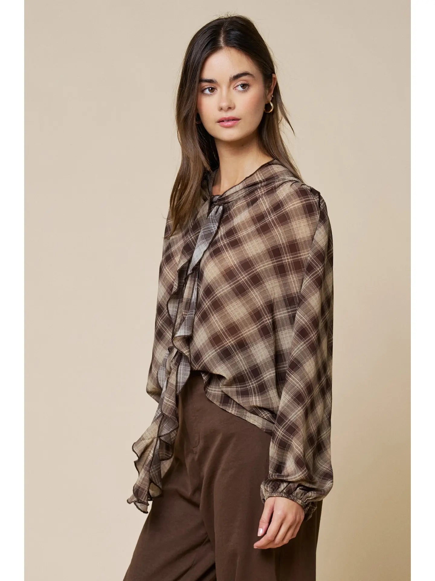 Aster Plaid Chiffon Blouse w/ Ruffled Tie Neck