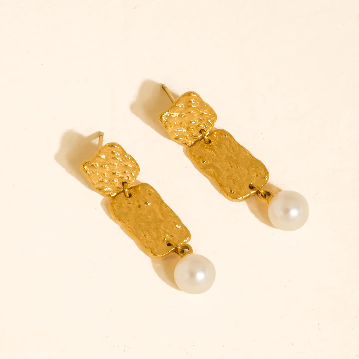 18K Gold Non-Tarnish Hammered Pearl Drop Earrings