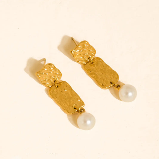 18K Gold Non-Tarnish Hammered Pearl Drop Earrings