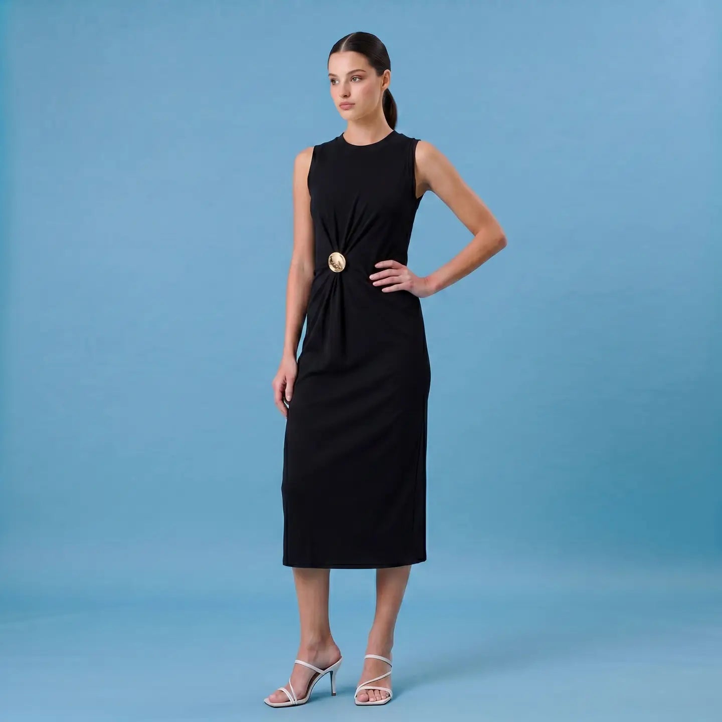Val Gathered Midi Dress with Gold Brooch