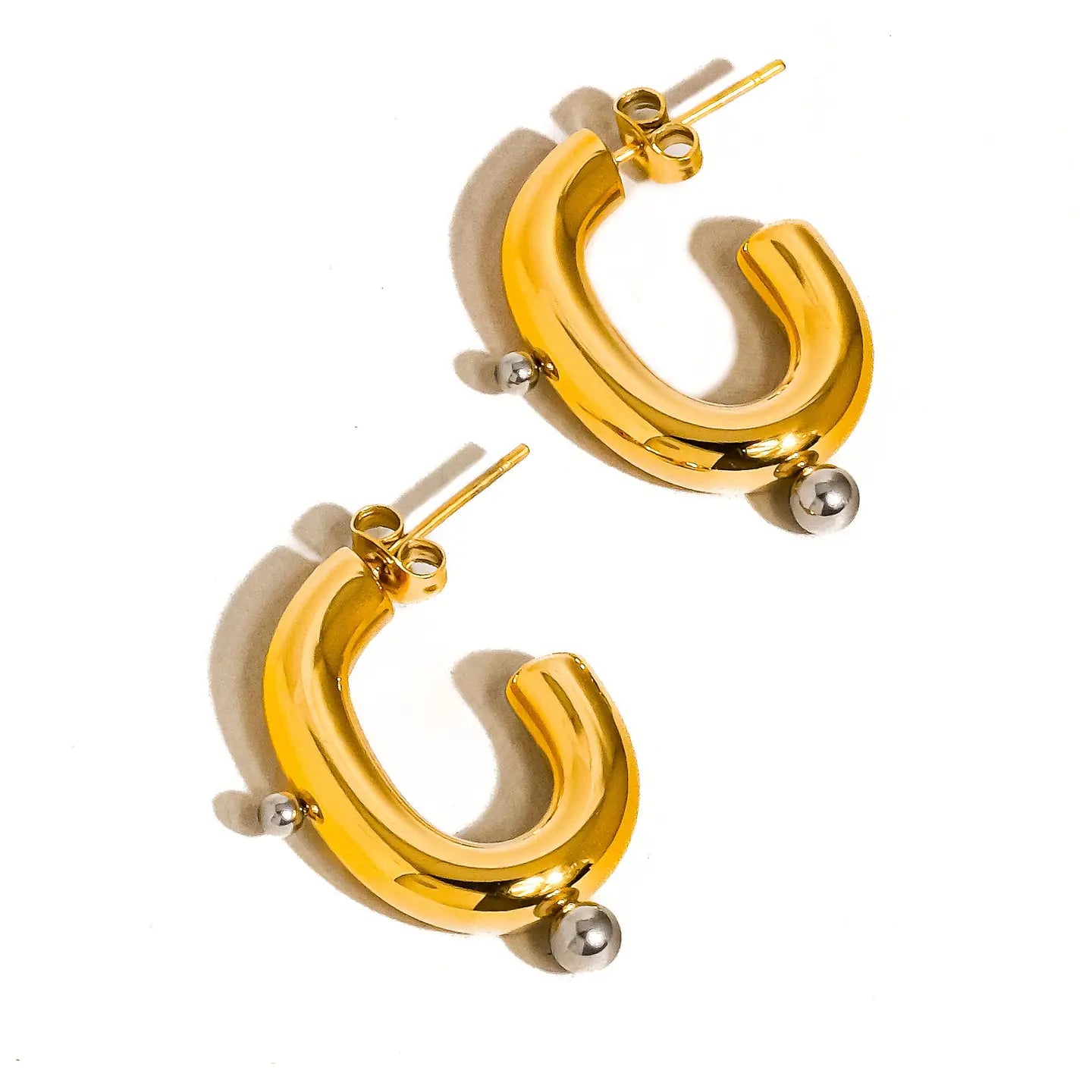 18K Gold Non-Tarnish Two Toned C Hoop Earring
