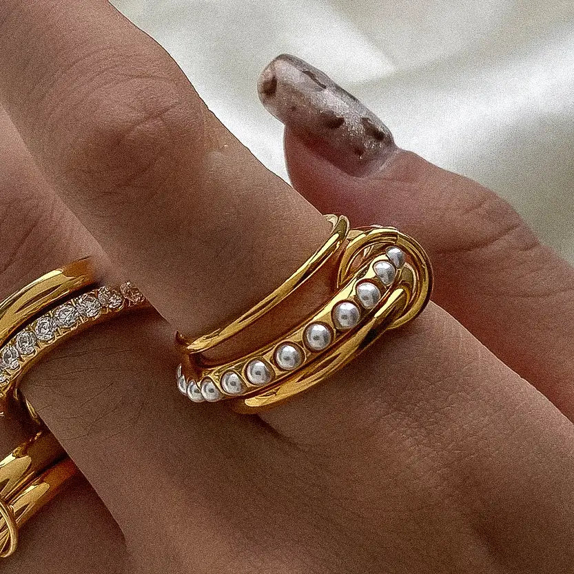 18K Gold Non-Tarnish Multi Stack Pearl Band Ring