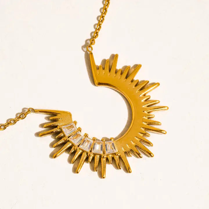 18K Gold Non-Tarnish Sunburst Cz Necklace