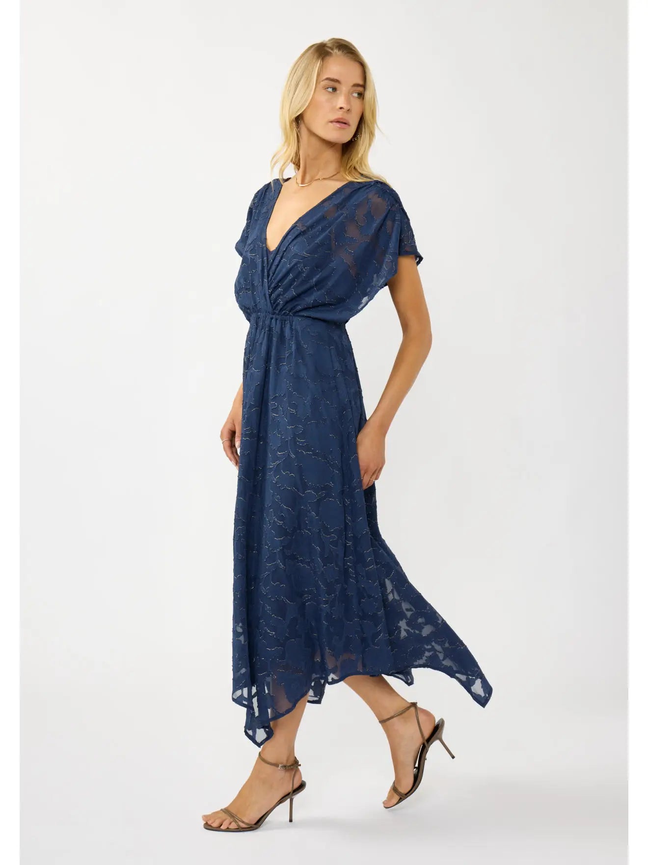 Devon Foil Jacquard Handkerchief Midi Dress