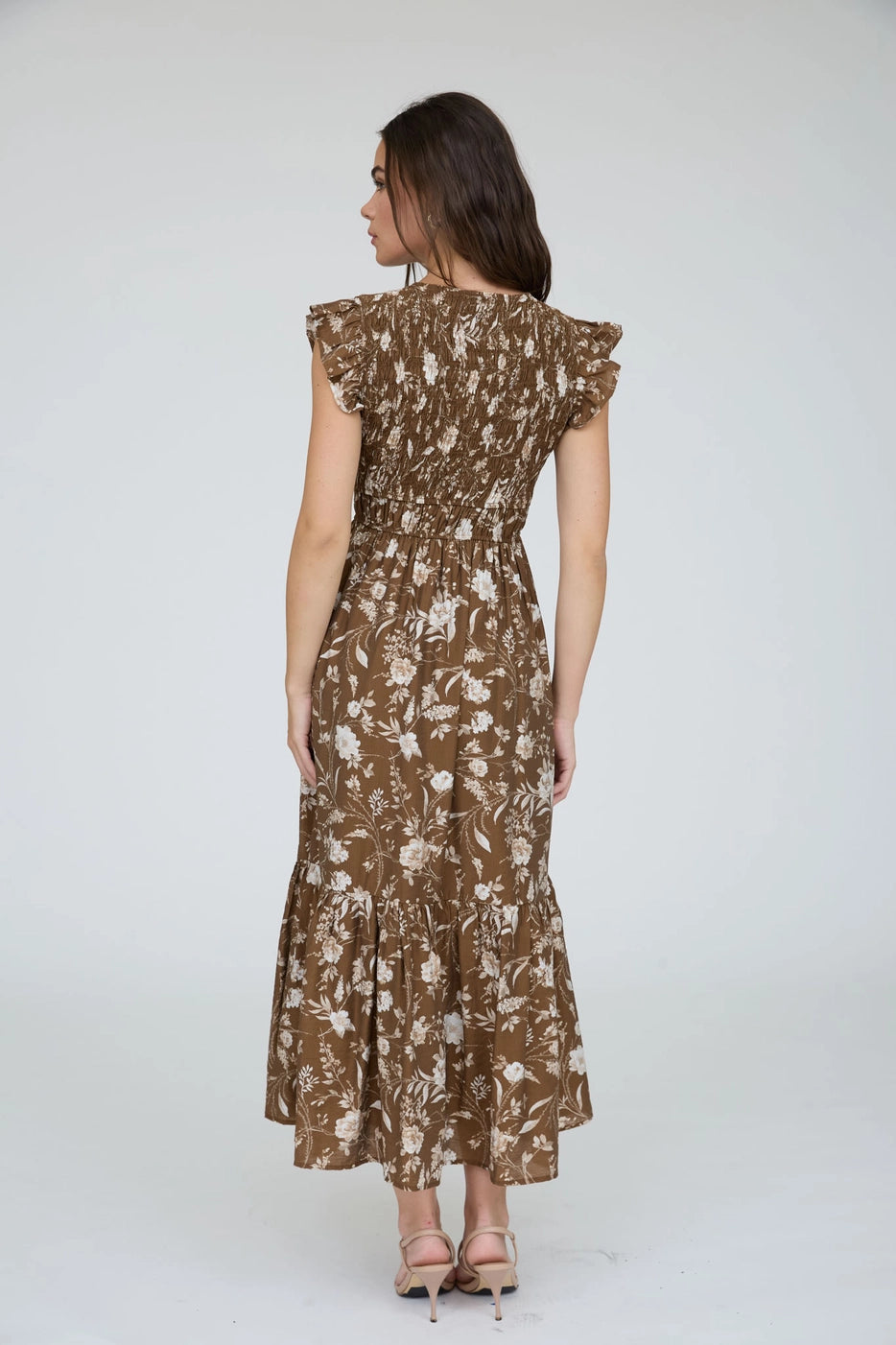 Luann Floral Smocked V Neck Midi Dress