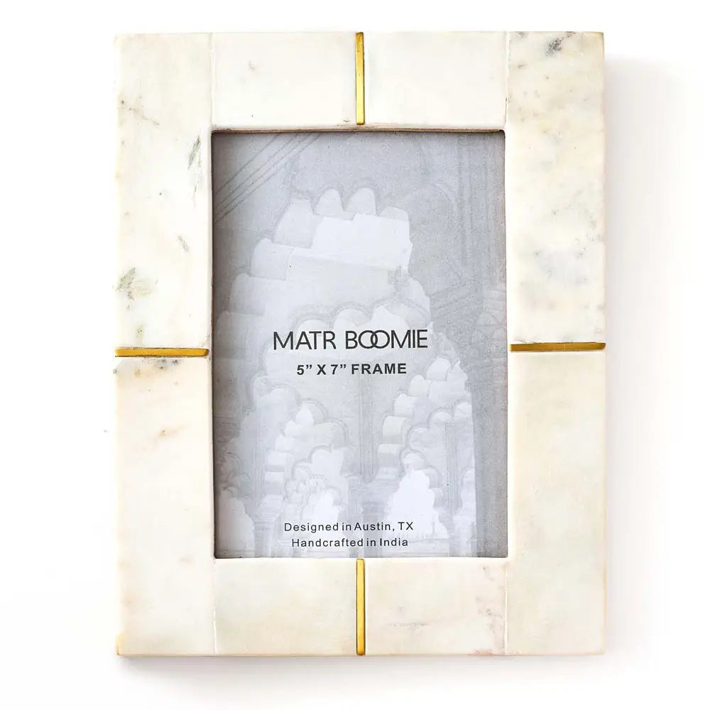 Carved Marble Brass Inlay 5x7 White Picture Frame
