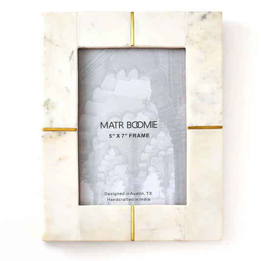 Carved Marble Brass Inlay 5x7 White Picture Frame