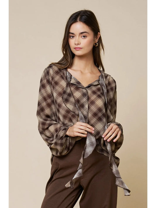Aster Plaid Chiffon Blouse w/ Ruffled Tie Neck