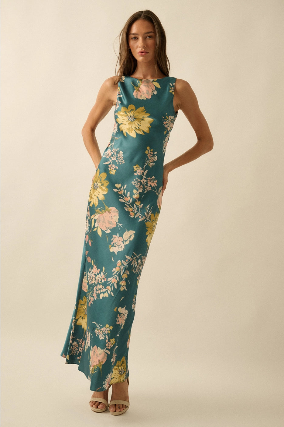Claudia Floral Satin Cowl-Back Maxi Dress