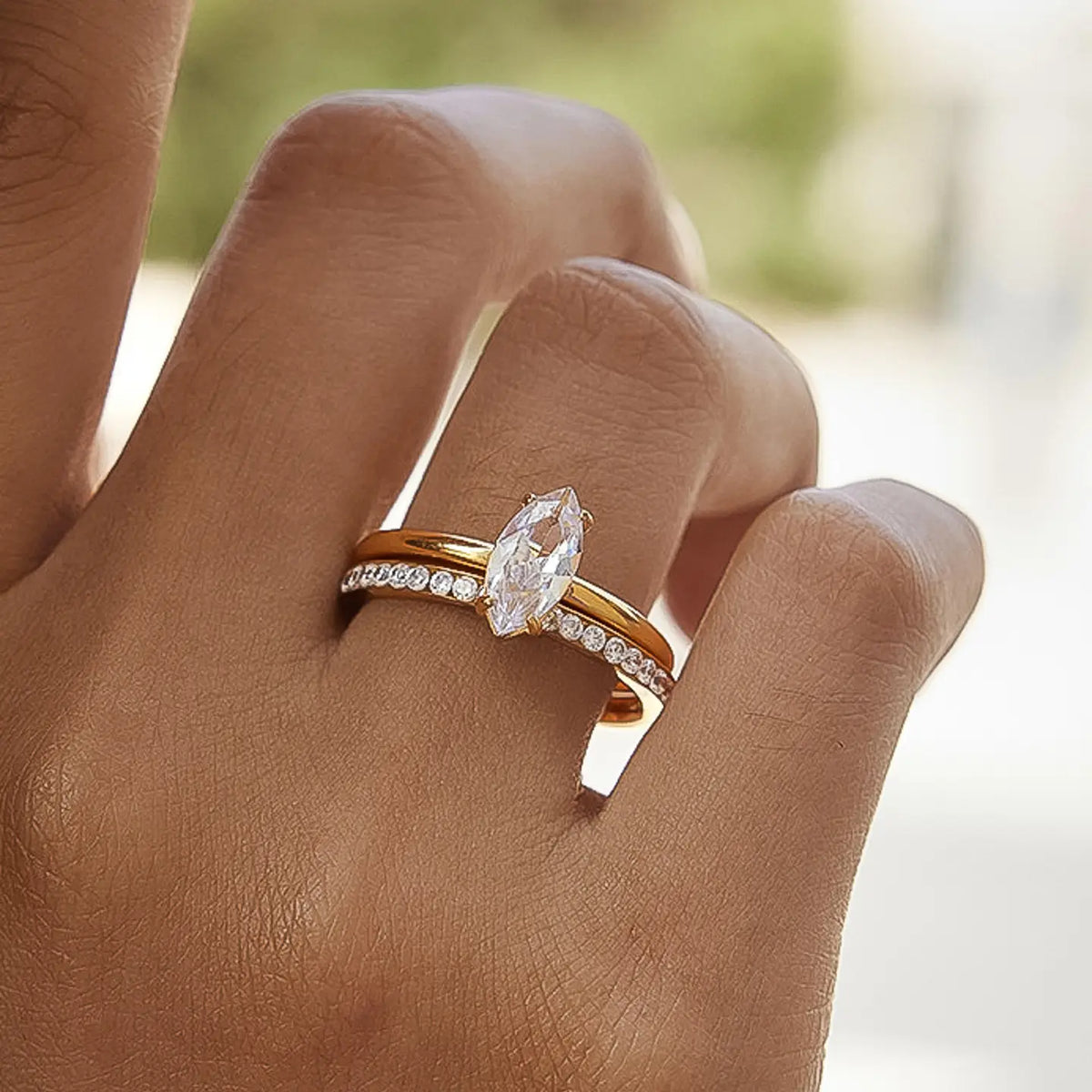 18K Gold Non-Tarnish Marquise Cz Stack Ring