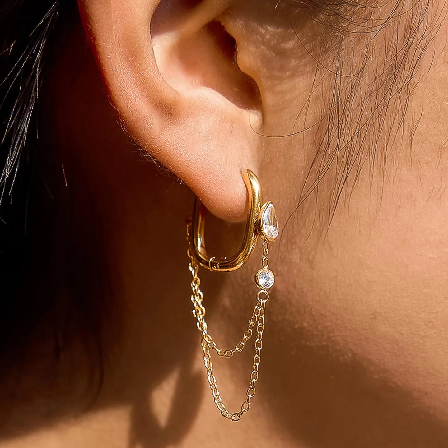18K Gold Non-Tarnish Cz Chain Link Drop Earrings