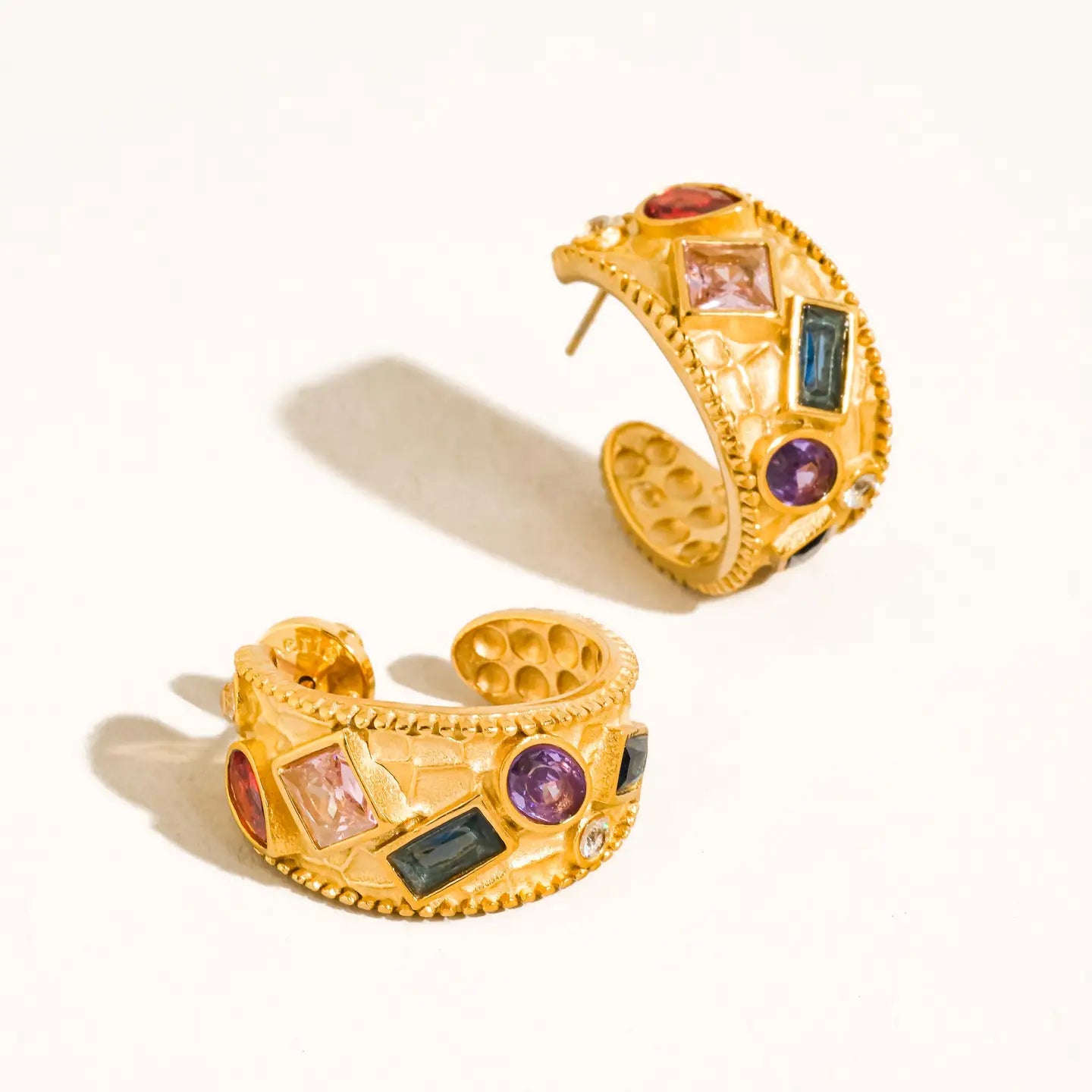 18K Gold Non-Tarnish Vintage Gemstone Hoop Earrings