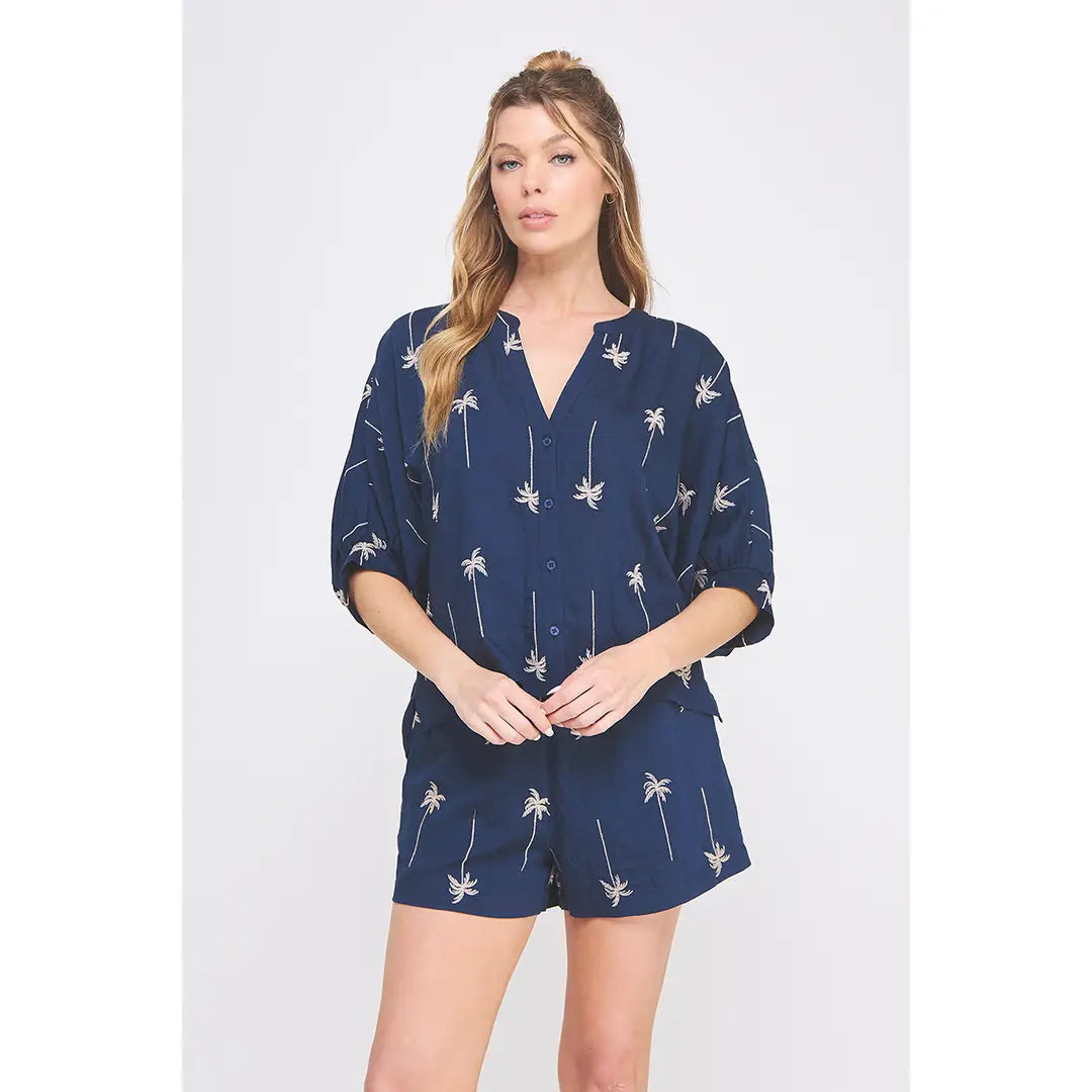 Tomi Draped Embroidered Palm Tree Dolman Blouse