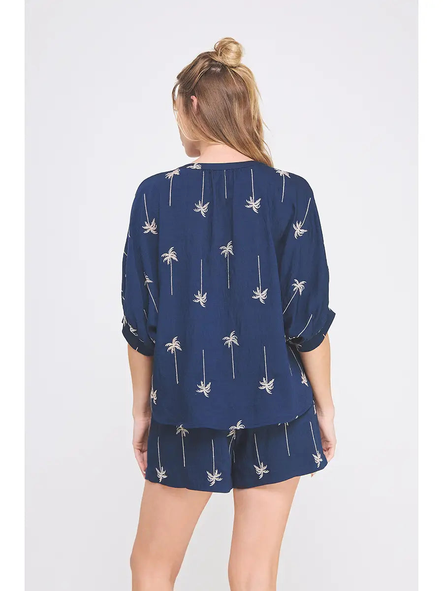Tomi Draped Embroidered Palm Tree Dolman Blouse
