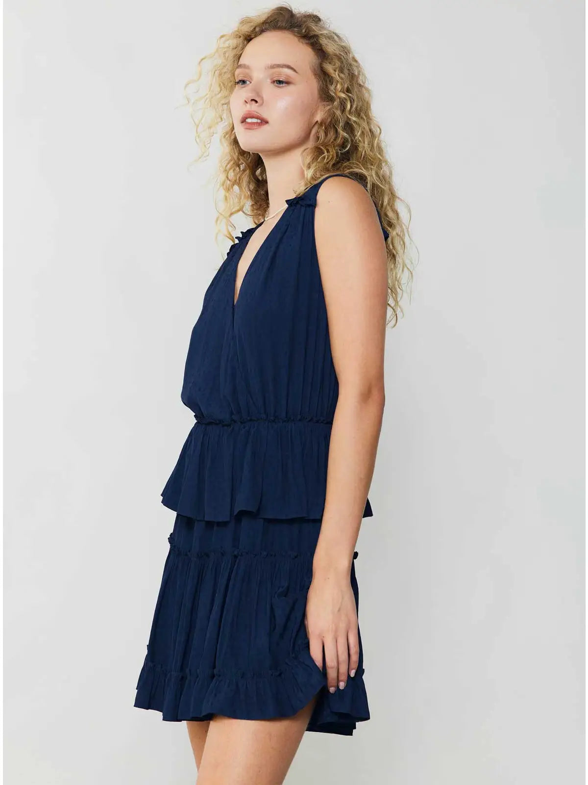 Robyn Sleeveless Surplice Tiered Mini Dress W/Ruffle