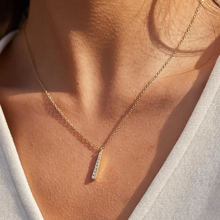18K Gold Non-Tarnish Cz Vertical Bar Necklace