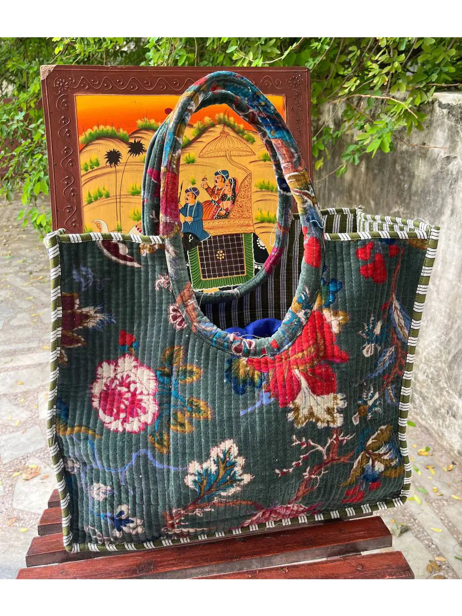 Velvet Floral Quilted Tote Bag