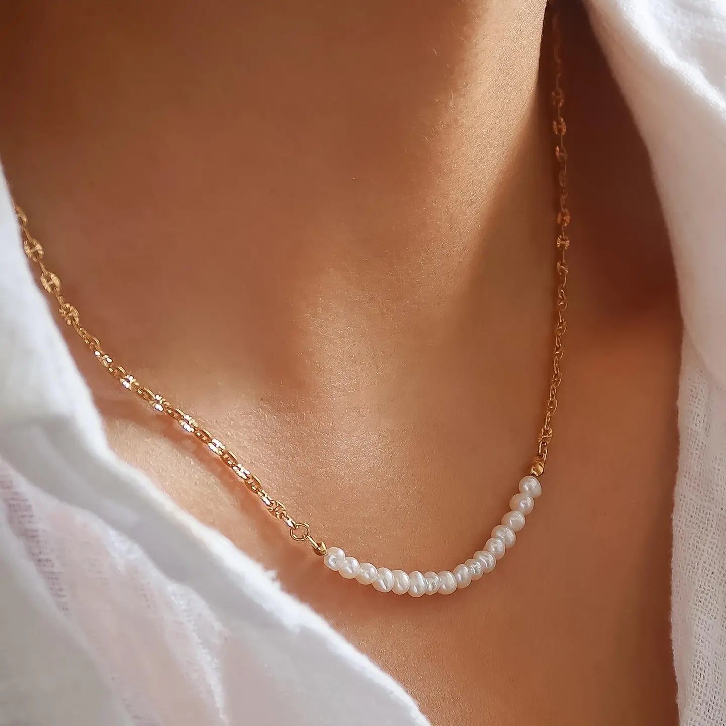 18K Gold Non-Tarnish Freshwater Pearl Chain Necklace