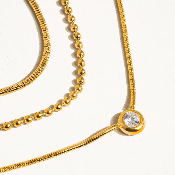 18K Gold Non-Tarnish Trilayer Cz Chain Necklace