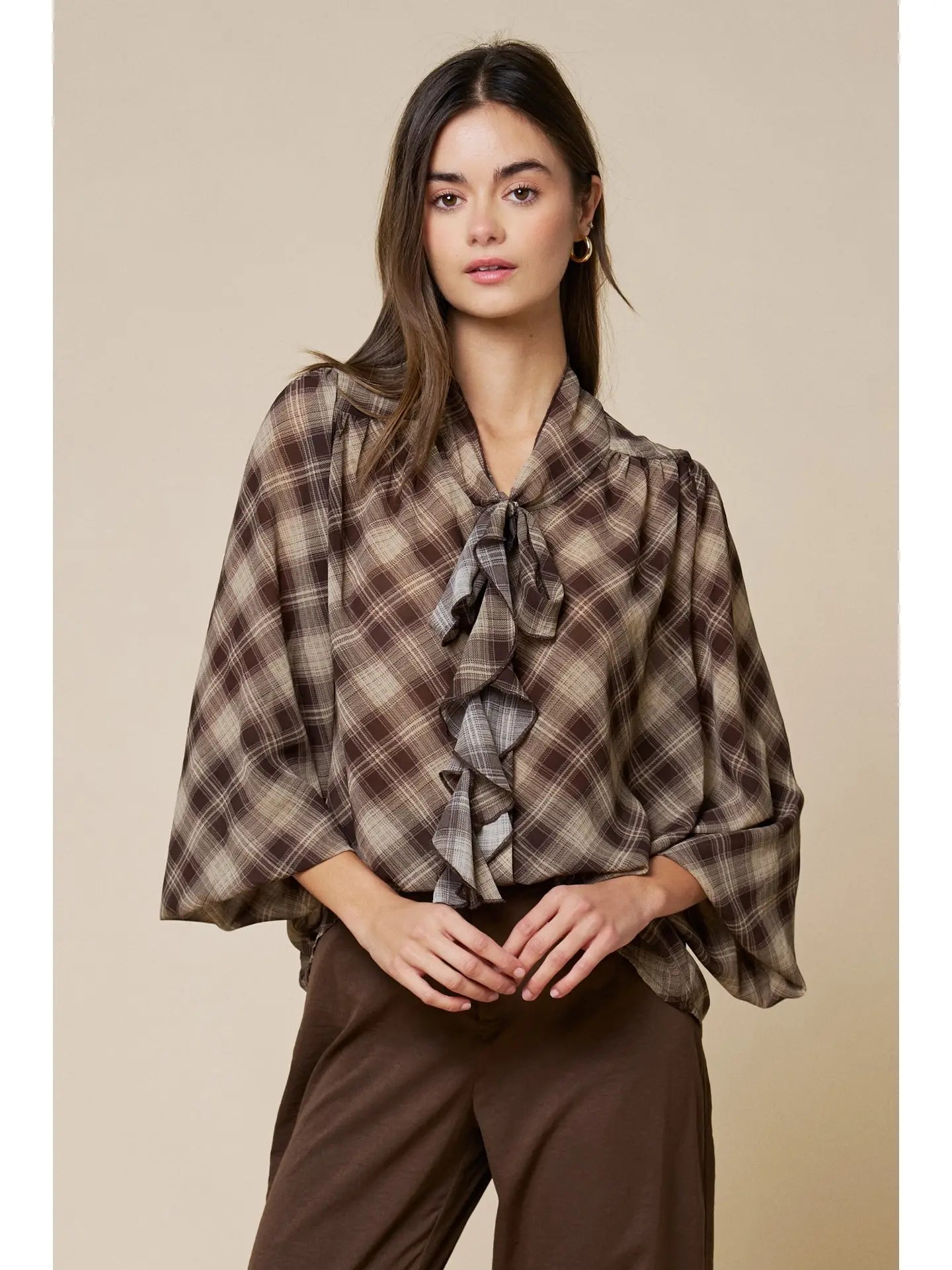 Aster Plaid Chiffon Blouse w/ Ruffled Tie Neck
