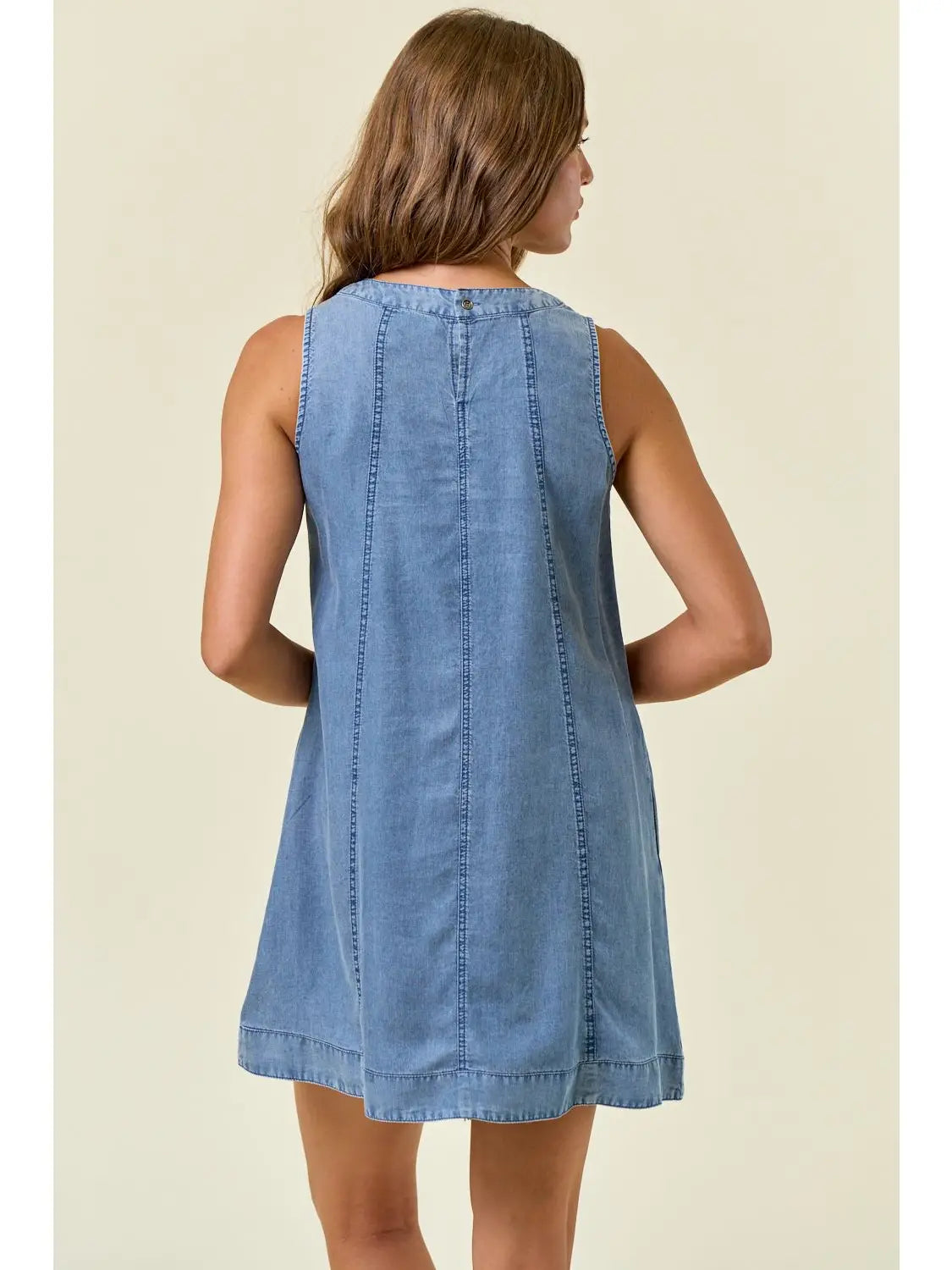 Erin Chambray Round Neckline Sleeveless A-Line Mini Dress
