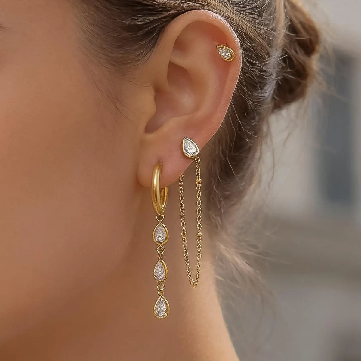 18K Gold Non-Tarnish Cz Chain Drop Earring Sets