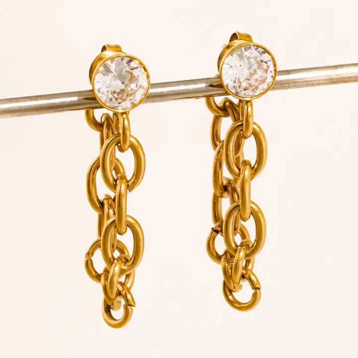 18K Gold Non-Tarnish Crystal Chain Drop Earrings