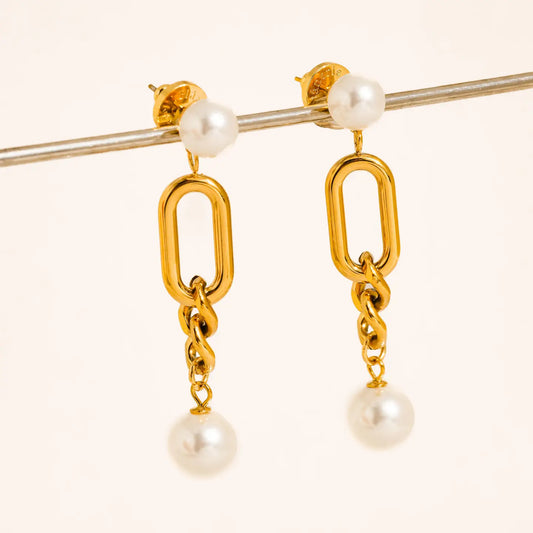 18K Gold Non-Tarnish Pearl Drop Chain Earrings
