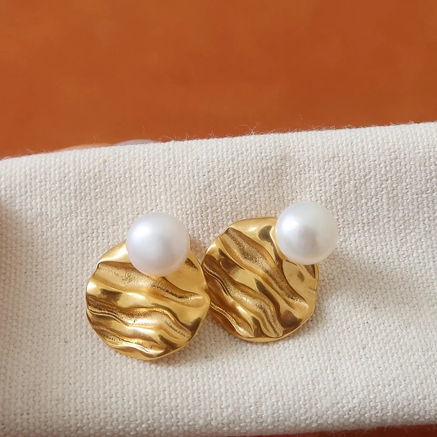 18K Gold Non-Tarnish Textured Pearl Stud Earrings