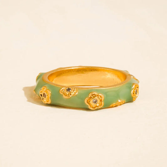 18K Gold Vintage Floral Enamel Band Ring