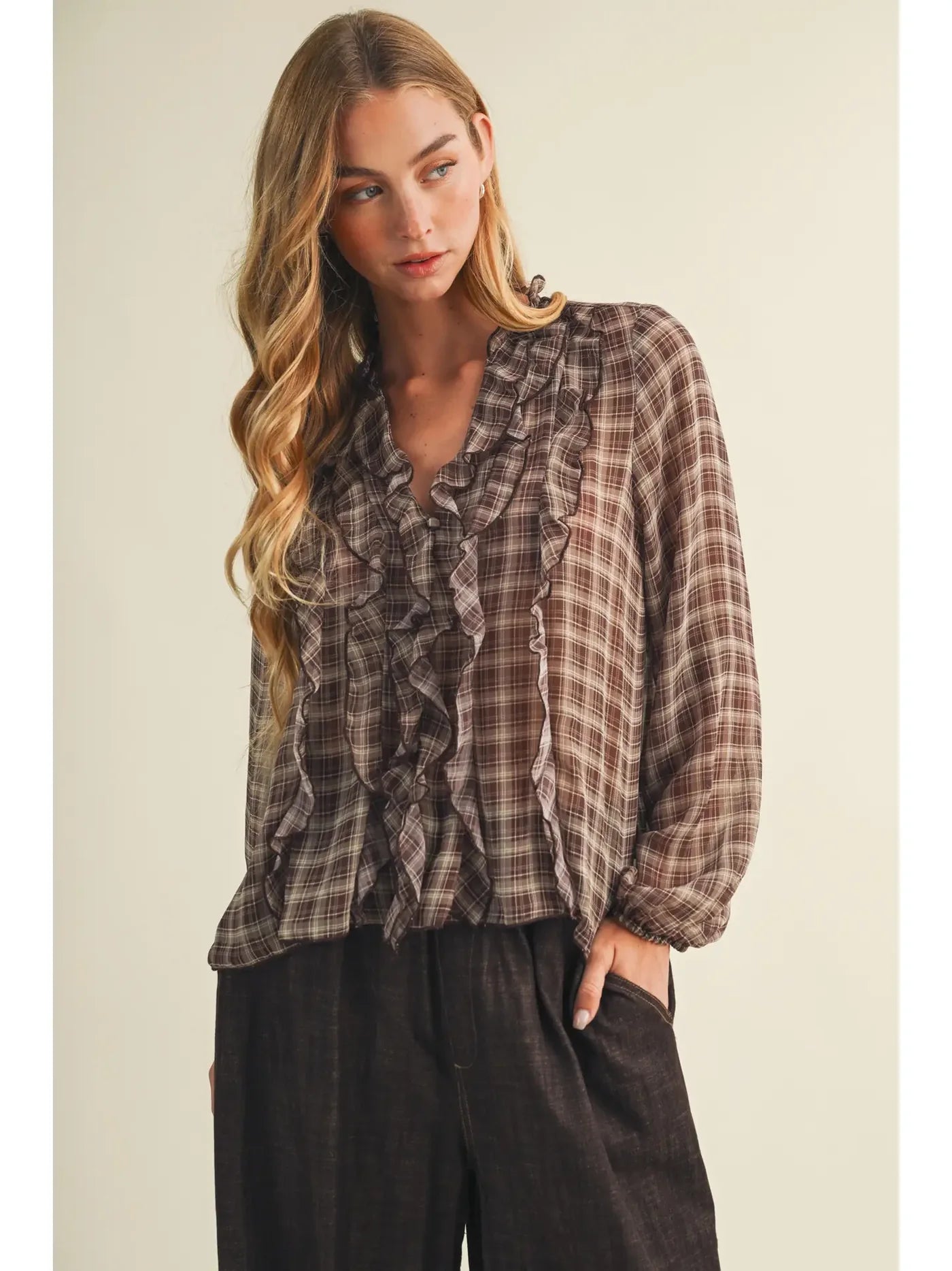 Georgia Ruffle Cascade Plaid Blouse
