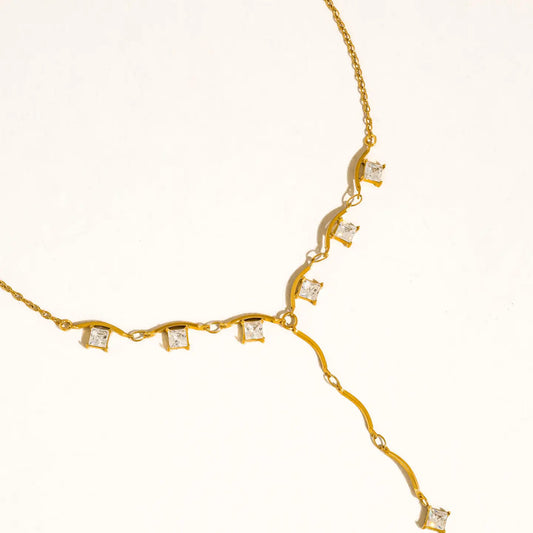 18K Gold Non-Tarnish Cz Y Drop Necklace