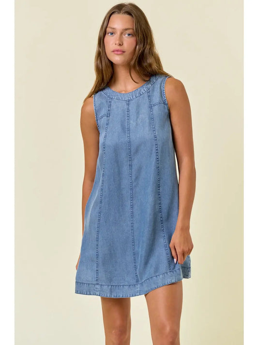 Erin Chambray Round Neckline Sleeveless A-Line Mini Dress