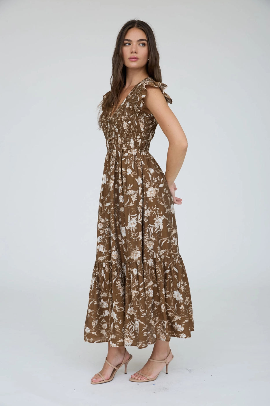 Luann Floral Smocked V Neck Midi Dress