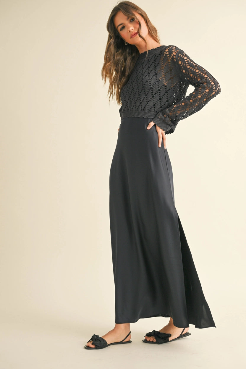 Jo 2 Piece Satin Slip Dress With Crochet Sweater