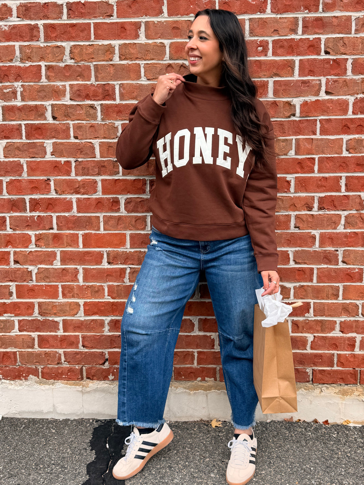Honey. Mockneck Embroidered Varsity Crew
