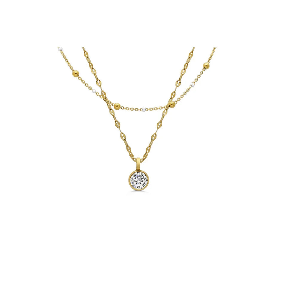 Double Strand Round Clear CZ Pendant Necklace