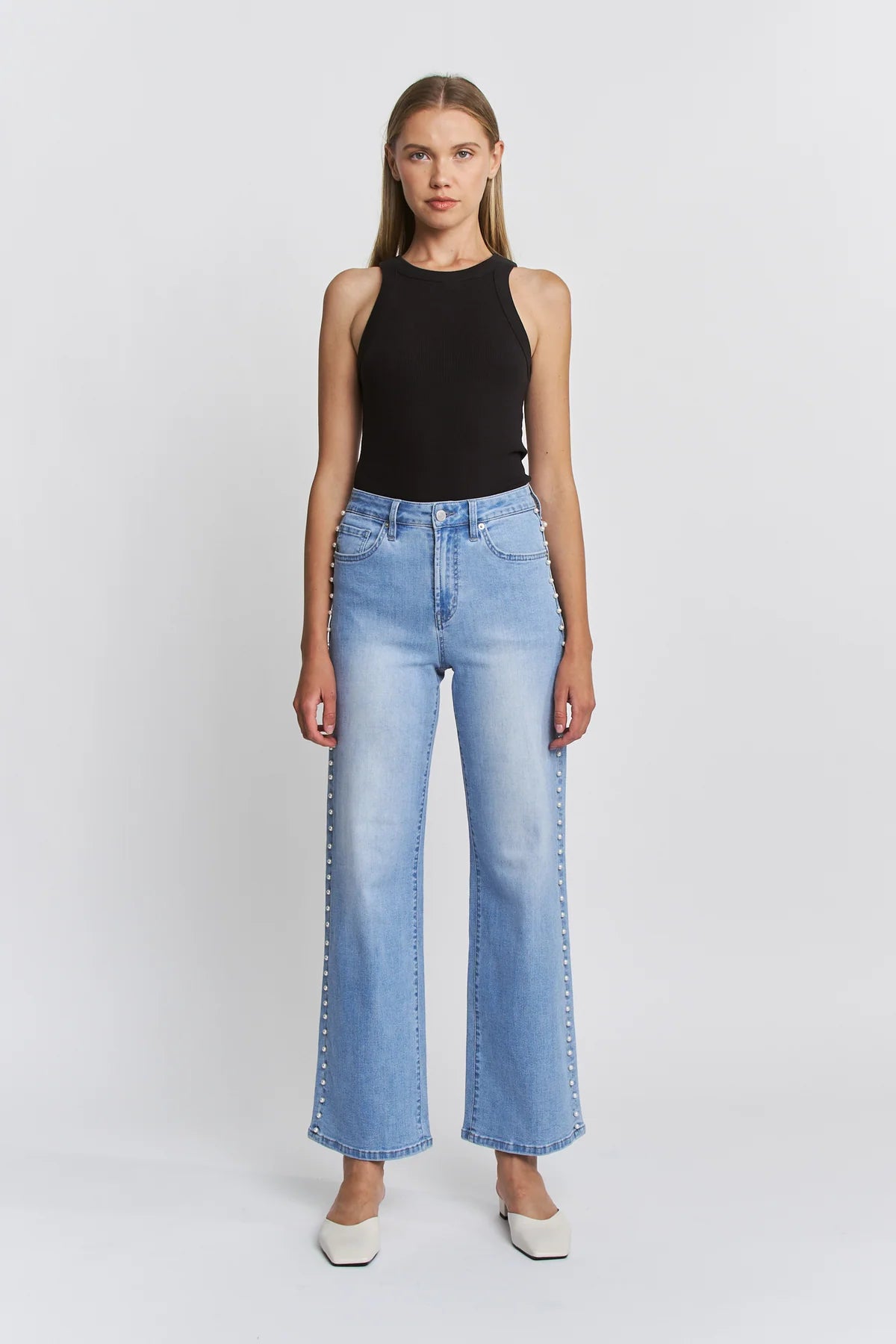 Audrey High Rise Wide Leg Pearl Embellished Denim