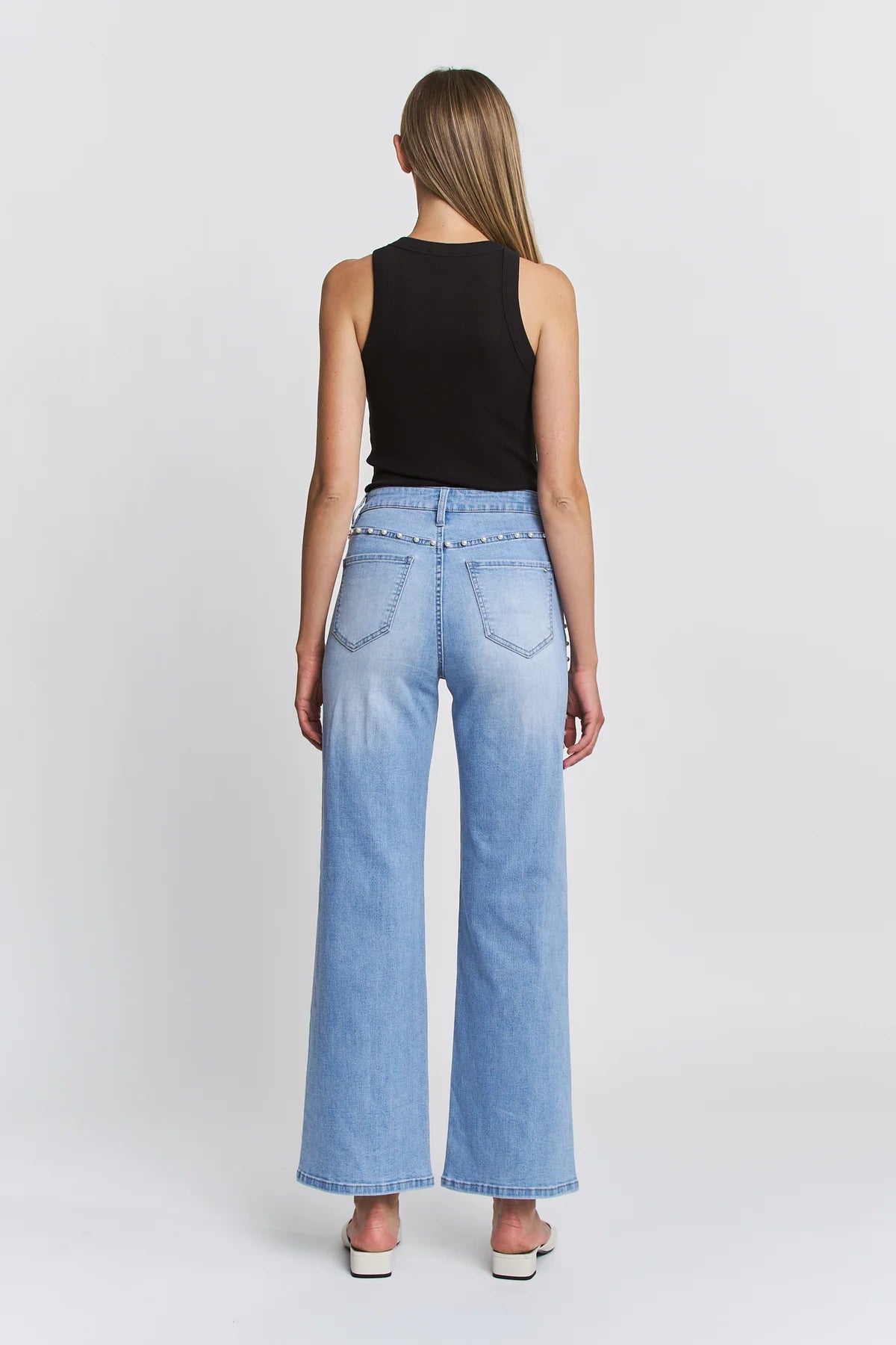 Audrey High Rise Wide Leg Pearl Embellished Denim