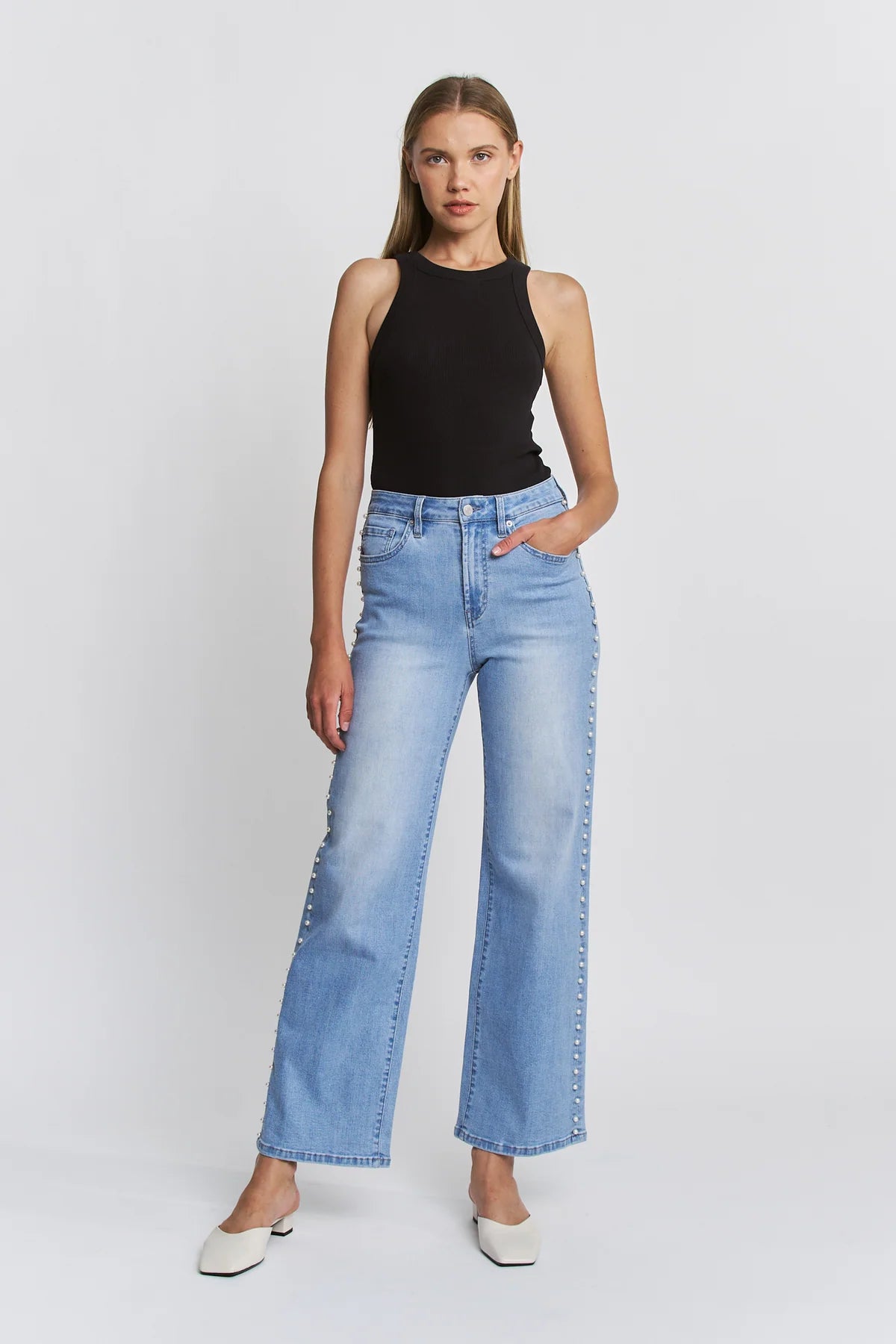 Audrey High Rise Wide Leg Pearl Embellished Denim