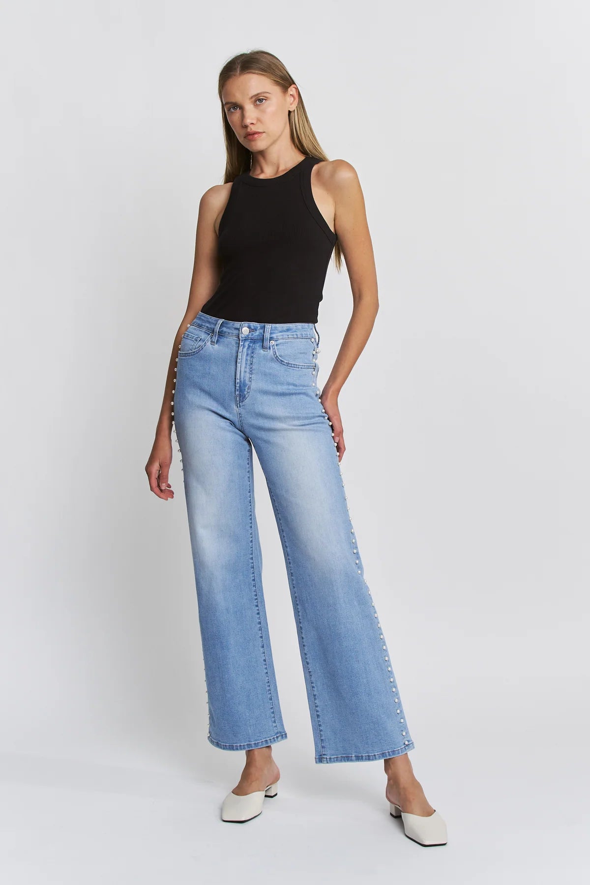 Audrey High Rise Wide Leg Pearl Embellished Denim