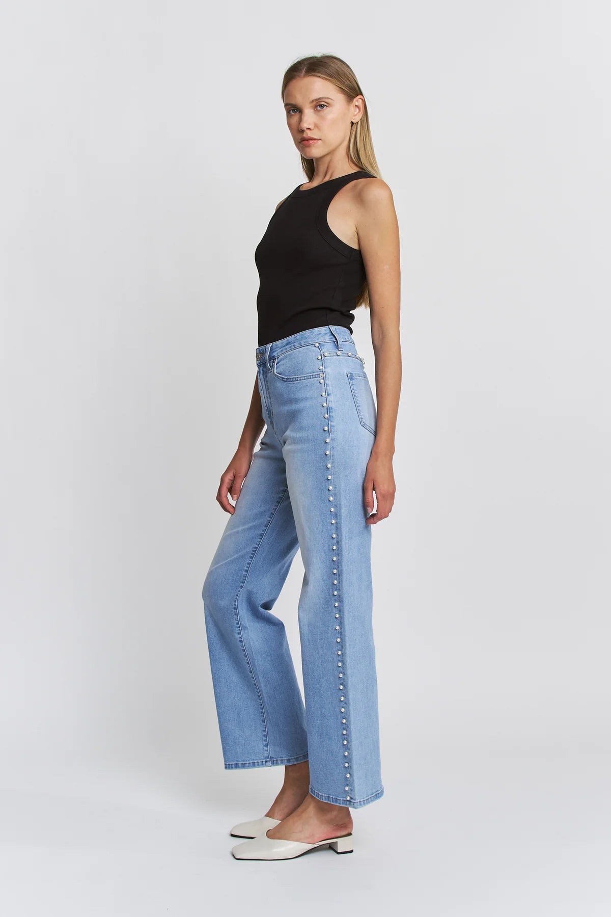 Audrey High Rise Wide Leg Pearl Embellished Denim