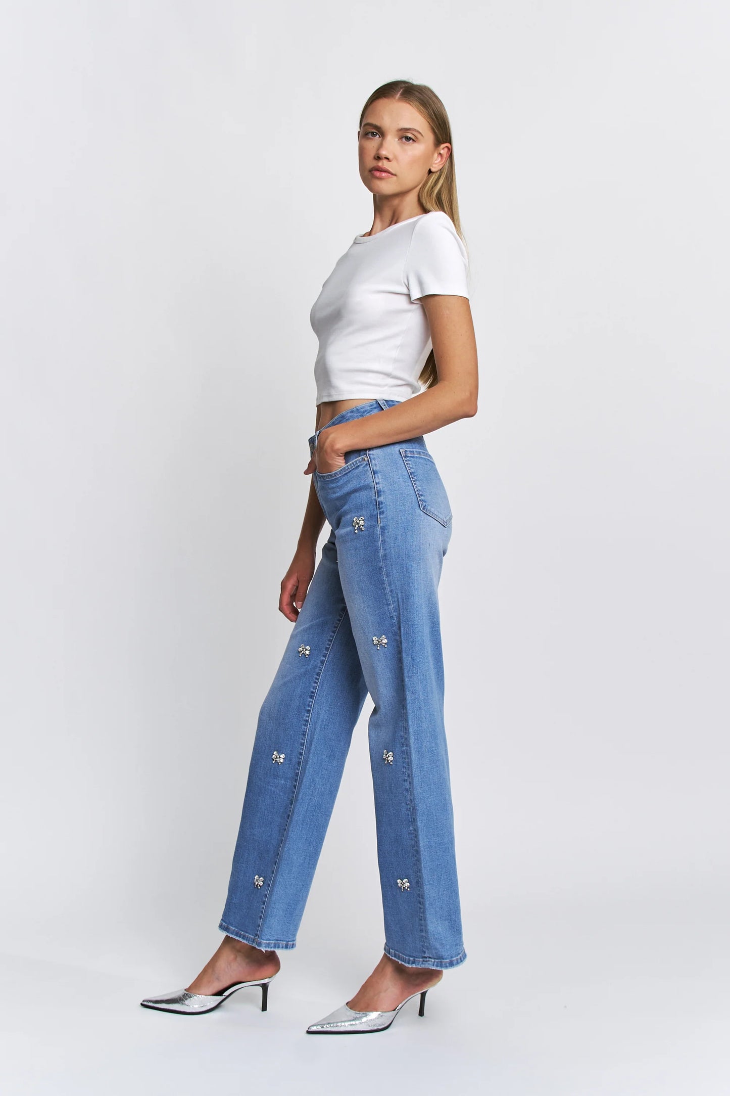 Kristin Embellished Bow Wide Leg Denim