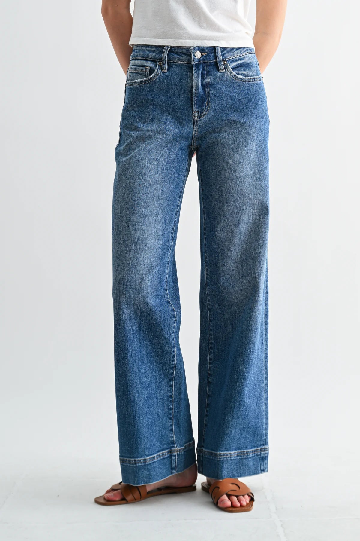 Parker Mid Rise Wide Leg Trouser Hem Denim
