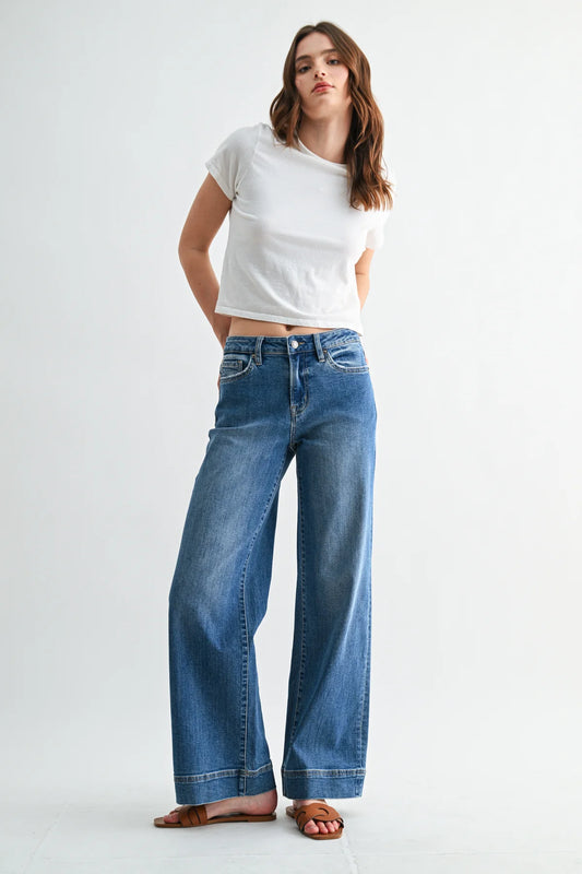 Parker Mid Rise Wide Leg Trouser Hem Denim