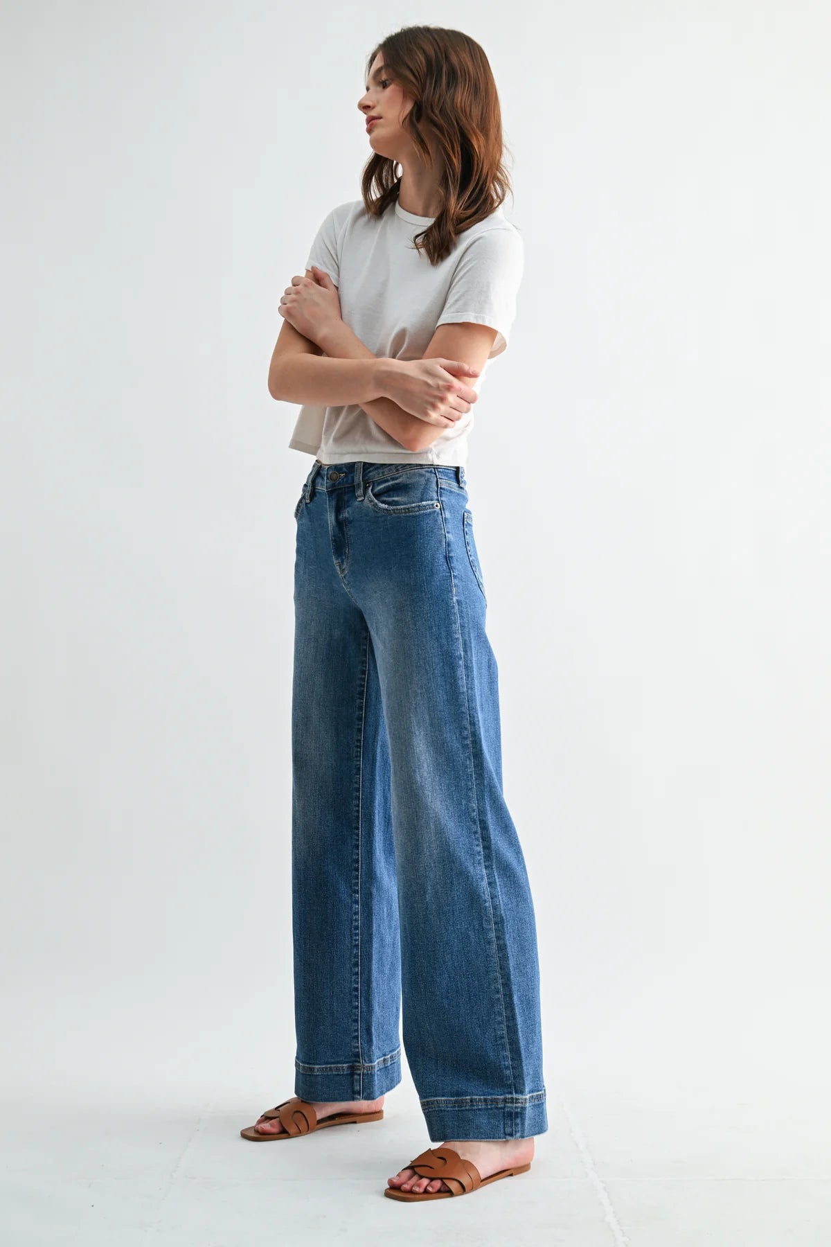 Parker Mid Rise Wide Leg Trouser Hem Denim
