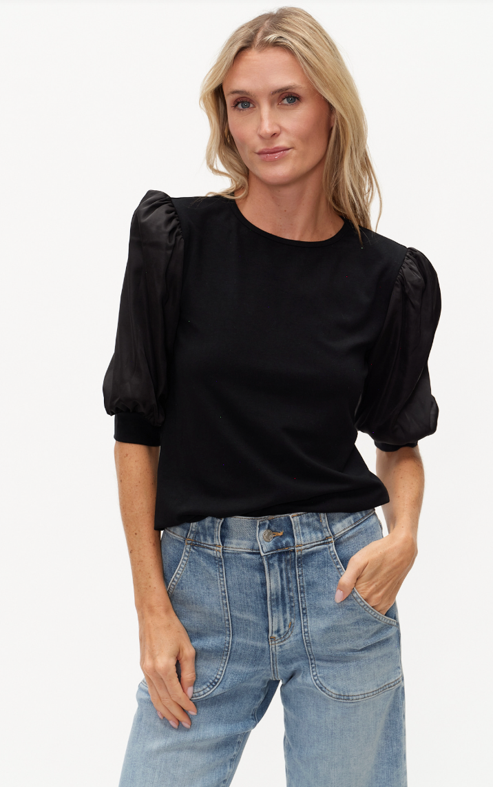 Solara Mixed Media Satin SS Top