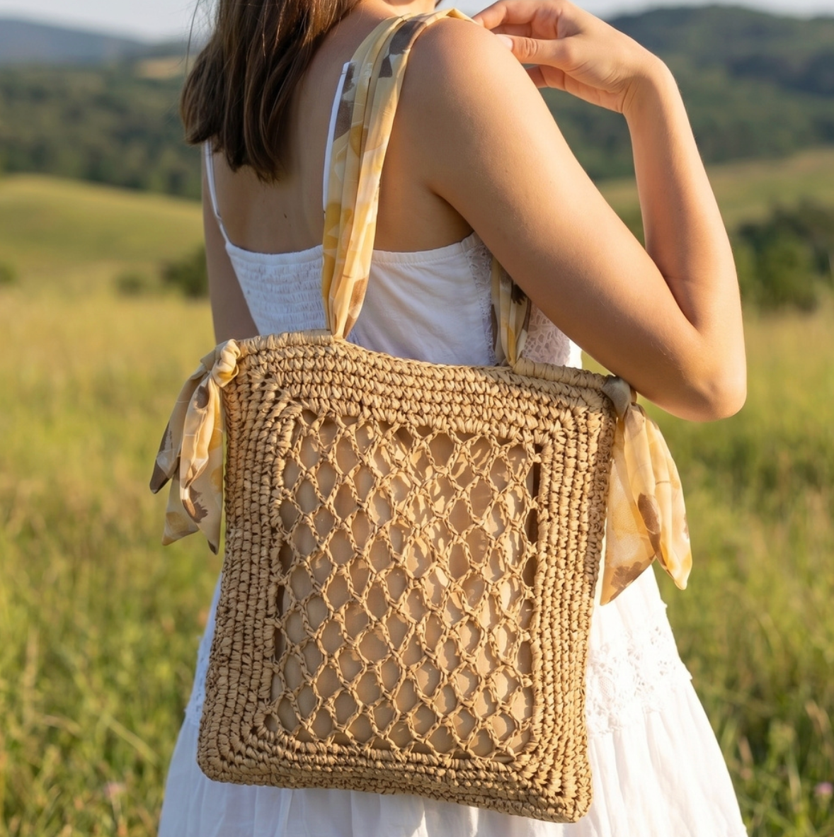 Tropical Bandana Strap Straw Braided Tote Bag